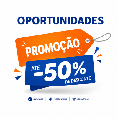 Etiquetas de promoção laranja e azul com texto de desconto até 50% e título oportunidades