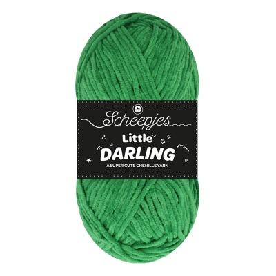 Novelo de fio chenille verde Scheepjes Little DARLING com rótulo preto