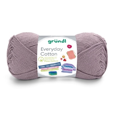 Novelo de fio de algodão lavanda da marca gründl com embalagem branca e texto colorido