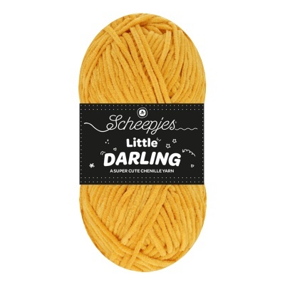 Novelo de lã chenille amarelo mostarda com etiqueta preta e branca