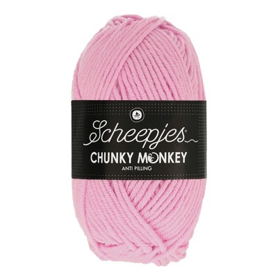 Novelo de lã rosa com etiqueta preta Scheepjes Chunky Monkey