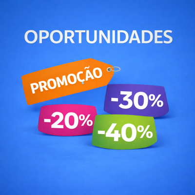 Etiquetas coloridas com promoções e descontos em fundo azul