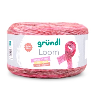 Novelo de lã rosa com etiqueta branca e texto gründl Loom e selo Limited Edition