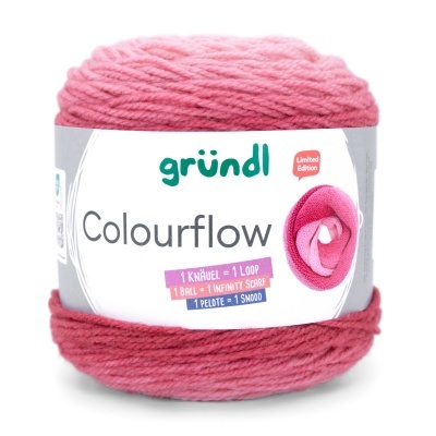 Novelo de lã rosa a vermelho com etiqueta branca da marca gründl Colourflow