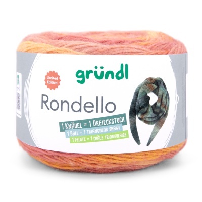 Novelo de lã em tons de rosa, laranja e amarelo com etiqueta branca contendo texto em várias línguas