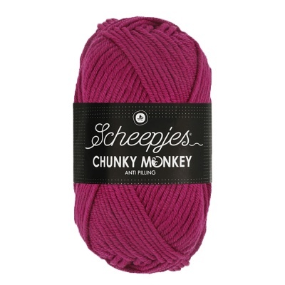 Novelo de lã grossa rosa escura Scheepjes Chunky Monkey com etiqueta preta