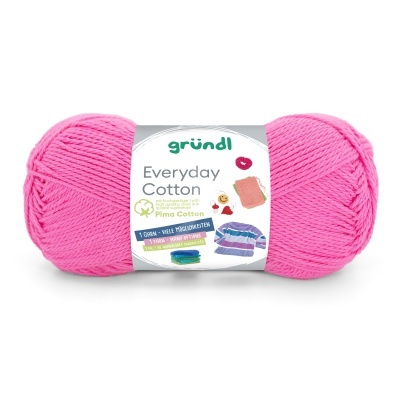 Novelo de fio de algodão rosa com rótulo branco da marca gründl