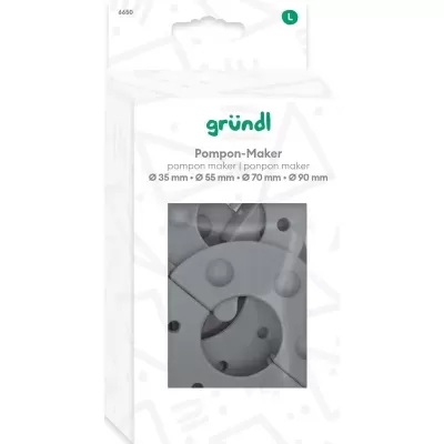 Conjunto de Pompon-Maker gründl cinzento em embalagem branca com padrões cinzentos