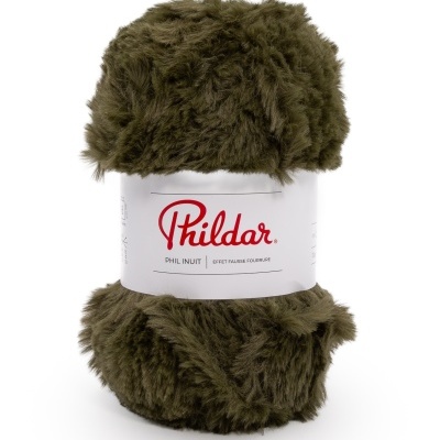 Novelo de fio castanho felpudo com rótulo branco Phildar