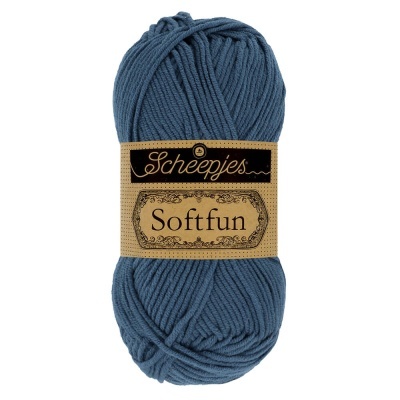 Novelo de fio azul com etiqueta Scheepjes Softfun