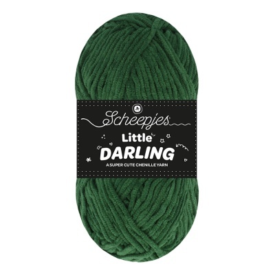 Novelo de fio chenille verde escuro com rótulo preto Scheepjes Little DARLING