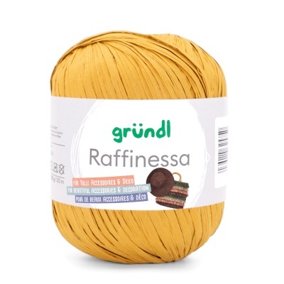 Novelo de fio amarelado Gründl Raffinessa com etiqueta branca e imagens de chapéu e bolsa