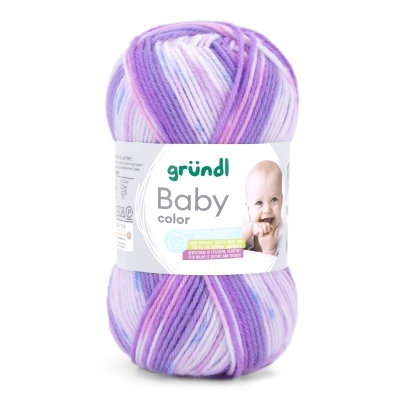 Novelo de lã lilás, roxo e branco com etiqueta da marca gründl Baby color, imagem de bebé