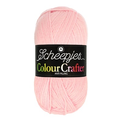 Novelo de lã cor-de-rosa com etiqueta preta da marca Scheepjes Colour Crafter