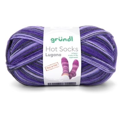 Novelo de lã Hot Socks Lugano gründl em tons roxos com etiqueta branca
