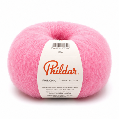 Rolo de fio de lã rosa claro Phildar Phil Chic com etiqueta branca