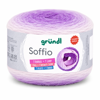 Novelo de lã lilás e rosa com etiqueta informativa