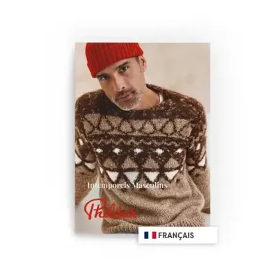 Homem com suéter castanho e gorro vermelho com texto Intemporels Masculins e Phildar