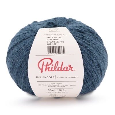 Novelo de fio azul com etiqueta branca PHILDAR
