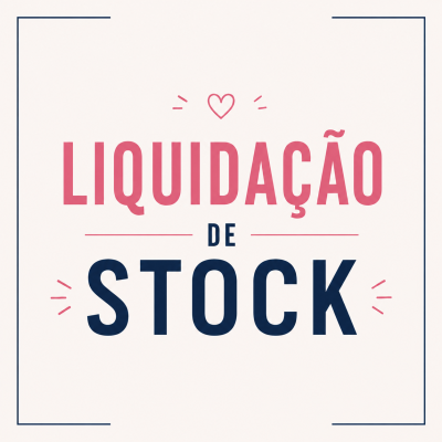 Cartaz com texto LIQUIDAÇÃO DE STOCK em rosa e azul escuro com coração desenhado acima