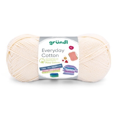 Novelo de fio de algodão bege claro com etiqueta da marca gründl.