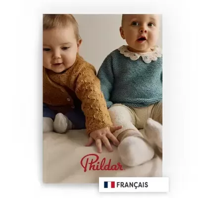Dois bebés com camisolas de malha, fundo neutro, texto Phildar e FRANÇAIS