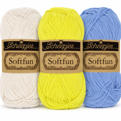 Novelos de lã Scheepjes Softfun em bege, amarelo e azul