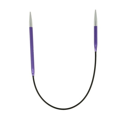 Agulhas de tricô circulares roxas com pontas metálicas e cabo preto.