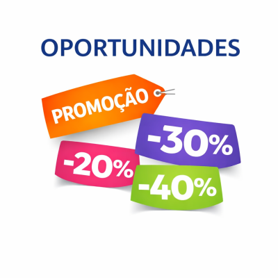Etiquetas coloridas com texto de promoção e descontos em português
