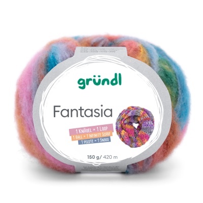 Novelo de lã colorida Gründl Fantasia com etiqueta branca e texto informativo