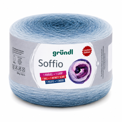 Rolo de fio de lã azul claro com etiqueta gründl Soffio e indicação Limited Edition