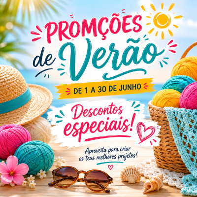 Promoções de Verão com bolas de lã coloridas, chapéu de palha, óculos de sol, flores e conchas numa mesa de madeira à beira-mar