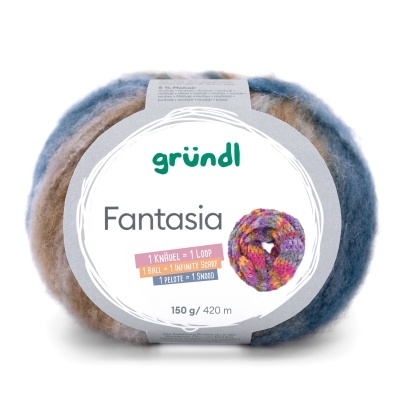 Novelo de lã Fantasia da marca grünld colorido com etiqueta branca