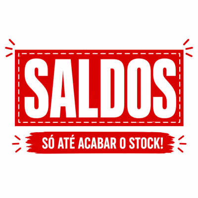 Placa vermelha com texto branco a indicar saldos até acabar o stock