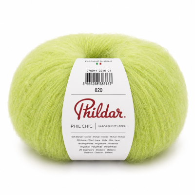 Novelo de lã verde claro com etiqueta branca e texto PHILDAR PHIL CHIC.