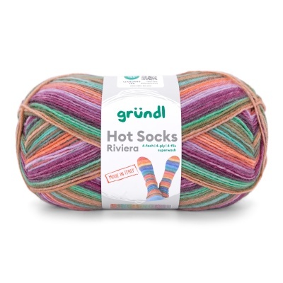 Novelo de lã multicolorida Hot Socks Riviera da marca gründl com etiqueta branca