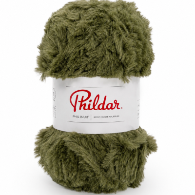 Rolo de lã pelúcia verde-oliva com etiqueta Phildar.