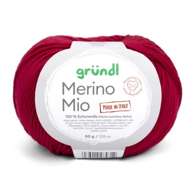 Novelo de lã vermelho Merino Mio gründl, embalagem branca com texto