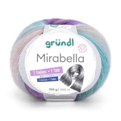 Novelo de lã colorida Gründl Mirabella com etiqueta branca