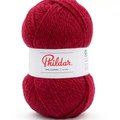 Novelo de lã vermelho Phildar Phil Looping com etiqueta branca