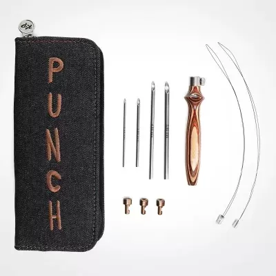 Kit de ferramentas para trabalho manual com estojo azul escuro e agulhas metálicas