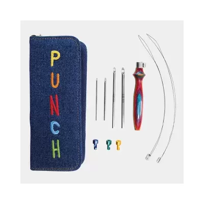 Conjunto de ferramentas para bordado com estojo azul e agulhas variadas.