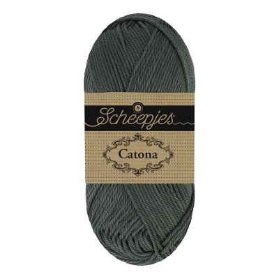 Novelo de fio de algodão cinza escuro com rótulo Scheepjes Catona
