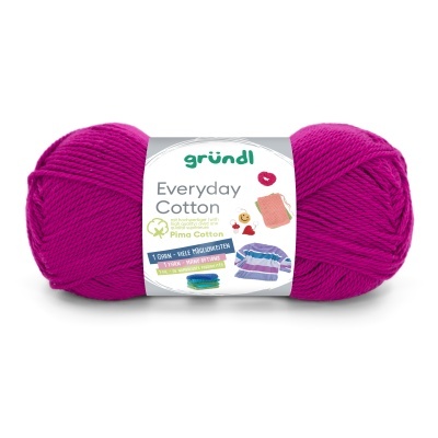 Novelo de fio cor rosa magenta com rótulo branco e texto Grundl Everyday Cotton.