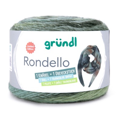 Novelo de lã verde com etiqueta branca da marca gründl com texto e imagem de xale estampado