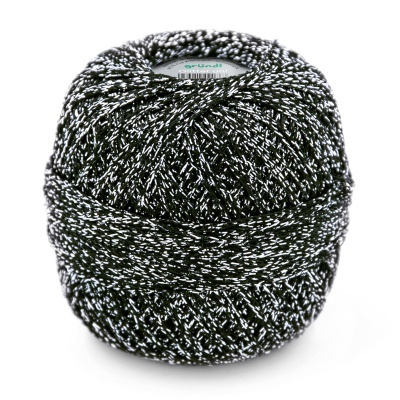 Novelo de fio preto com brilhos prateados e rótulo