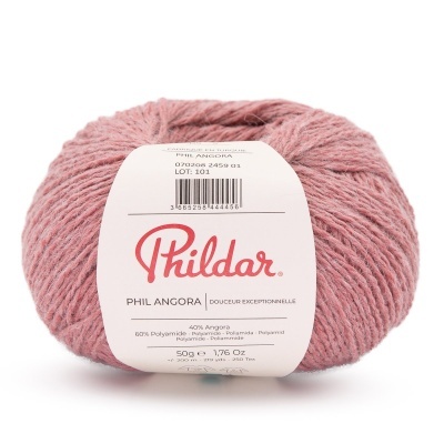 Fio de lã rosa com etiqueta branca da Phildar Phil Angora