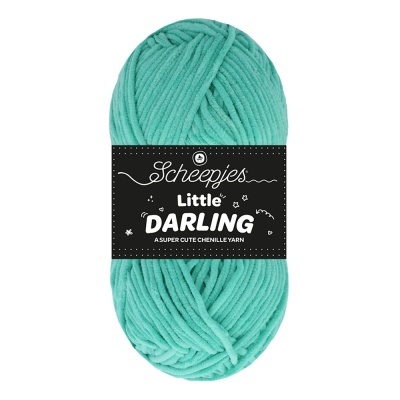 Novelo de fio chenille azul esverdeado com etiqueta preta Scheepjes Little Darling