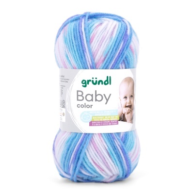 Novelo de lã Gründl Baby color em tons de azul, lilás e branco com etiqueta