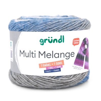 Novelo de lã cinza e azul com etiqueta 'gründl Multi Melange' edição limitada